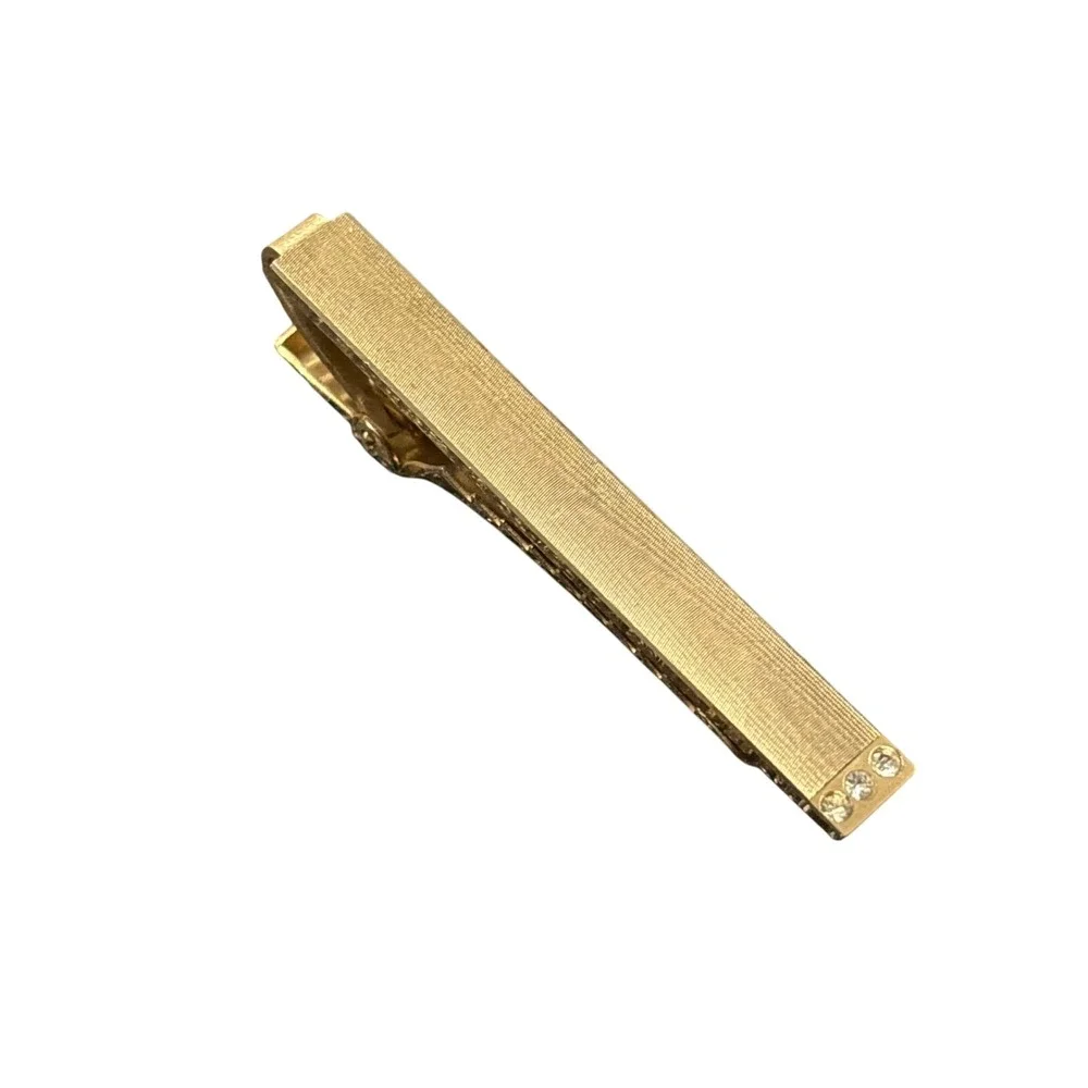 Gold Tone wood grain Textured Tie Clip Bar with diamond‎ Accents Mens Jewelry